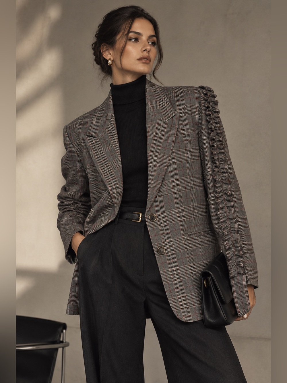 Vintage Plaid Ruched Sleeve Blazer Statement Tailored Jacket L NWT